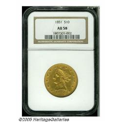 1851 $10 AU58 NGC. Faint hairlines are evident on