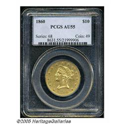 1860 $10 AU55 PCGS. Rare in all grades and very s