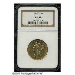 1861 $10 AU58 NGC. Luster emerges from the periph