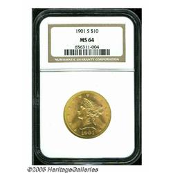 1901-S $10 MS64 NGC. Attractive near-Gem with shi