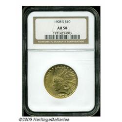 1908-S $10 AU58 NGC. A low mintage scarcity in th