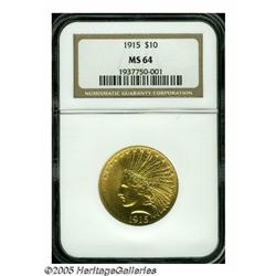 1915 $10 MS64 NGC. A sharply detailed near-Gem wi