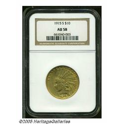 1915-S $10 AU58 NGC. Boldly struck with bright lu