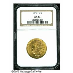 1932 $10 MS64 NGC. A satiny example with great lu
