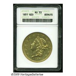 1851 $20 AU53 ANACS. Lightly circulated olive and