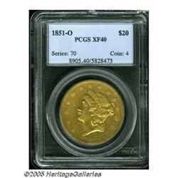 1851-O $20 XF40 PCGS. A bright peach-gold example