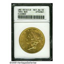 1854 $20 Small Date--Cleaned--ANACS. UNC Details,