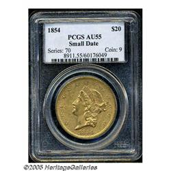 1854 $20 Small Date AU55 PCGS. Peach-gold color e