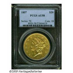 1857 $20 AU58 PCGS. A boldly struck and bright Ty