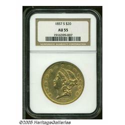 1857-S $20 AU55 NGC. This lightly circulated '57-