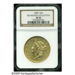 1858 $20 XF45 NGC. A bright yellow-gold example w