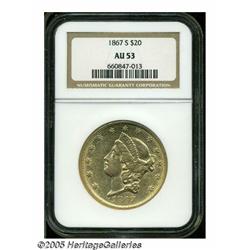 1867-S $20 AU53 NGC. The 1867-S is very scarce in