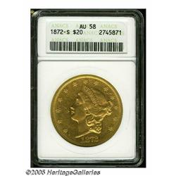 1872-S $20 AU58 ANACS. Pleasing apricot-gold surf