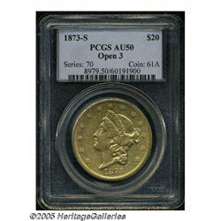 1873-S $20 Open 3 AU50 PCGS. Yellow-gold surfaces
