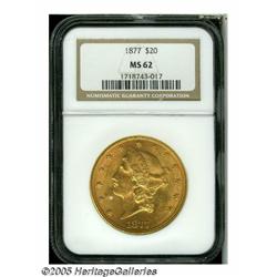 1877 $20 MS62 NGC. Unusually vivid red-orange and