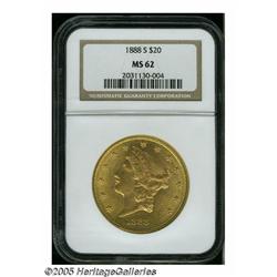 1888-S $20 MS62 NGC. Potent cartwheel luster and 