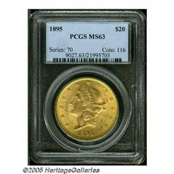 1895 $20 MS63 PCGS. Lustrous surfaces exhibit apr