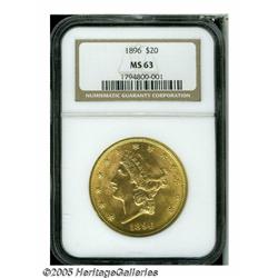 1896 $20 MS63 NGC. Peach-gold surfaces with wisps