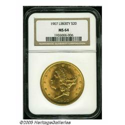 1907 $20 MS64 NGC. Well struck with bright, rich 