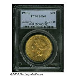1907-D $20 MS63 PCGS. Creamy luster flows over ev