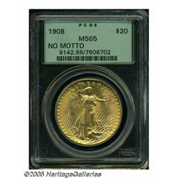 1908 $20 No Motto MS65 PCGS. This lustrous older 