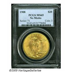 1908 $20 No Motto MS65 PCGS. Deep golden color, a