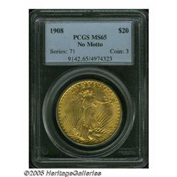 1908 $20 No Motto MS65 PCGS. A very pleasing exam