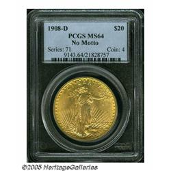 1908-D $20 No Motto MS64 PCGS. Rich golden color 