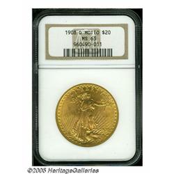 1908-D $20 Motto MS63 NGC. Richly colored surface