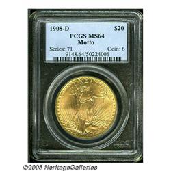1908-D $20 Motto MS64 PCGS. A sharply defined exa