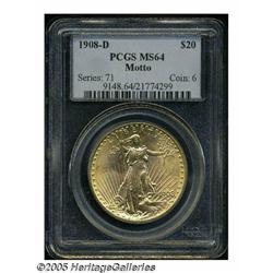 1908-D $20 Motto MS64 PCGS. A scarce early Motto 