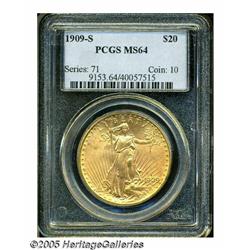 1909-S $20 MS64 PCGS. Nice dark-golden color, goo