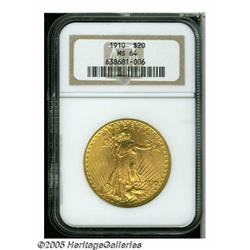 1910 $20 MS64 NGC. Well struck, with rich yellow-