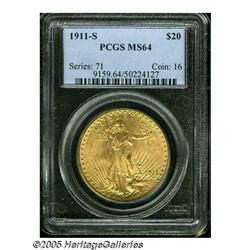 1911-S $20 MS64 PCGS. Nice orange-golden surfaces