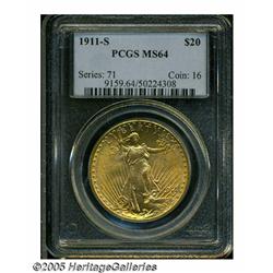 1911-S $20 MS64 PCGS. This apricot-gold specimen 