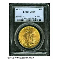 1914-S $20 MS65 PCGS. A nice orange-gold Gem with