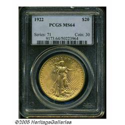 1922 $20 MS64 PCGS. Softly frosted mint luster sw