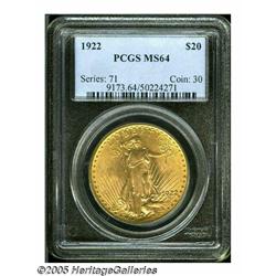 1922 $20 MS64 PCGS. Well struck, the surfaces dis