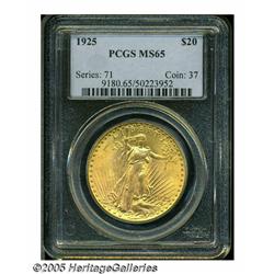 1925 $20 MS65 PCGS. Thick mint luster and subtle 