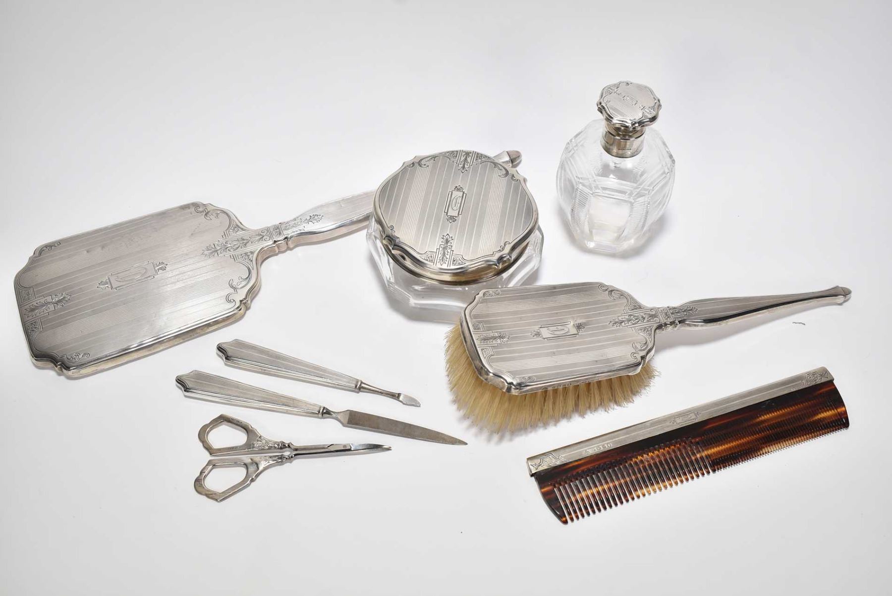 Birks Sterling Silver Eight Piece Dresser Set Including Bevelled Hand
