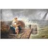 Image 1 : Heavy gilt framed antique oil on canvas painting of figures waiting for a ship, signed by artist J.H