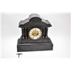 Image 1 : Antique slate chiming mantle clock with porcelain Roman numeral dial and Corinthian column decoratio