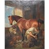 Image 2 : Antique heavy gilt framed oil on canvas painting of a farrier shoeing a horse by artist C. Fullwood,