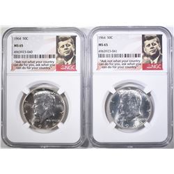 2-1964 KENNEDY HALF DOLLARS, NGC MS-65