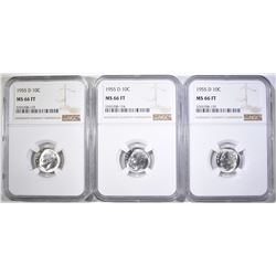 3-1955-D ROOSEVELT DIMES, NGC MS-66 FT