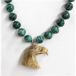 Malachite and Carved Bone Eagle Pendant Necklace