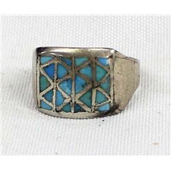 Vintage Zuni Sterling Inlay Turquoise Ring, Sz 11