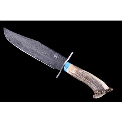 M.T. Knives Damascus Bowie with Turquoise & Stag