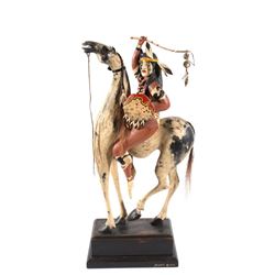 Signed W. Jauquet Indian Brave & Horse Wood Statue