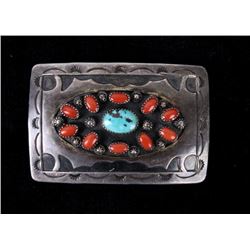 Navajo Old Pawn Turquoise & Red Coral Belt Buckle